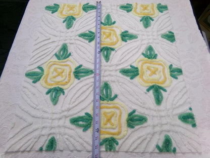 yellow cabbage rose vintage chenille bedspread fabric, cottage charm quilt material, 23" x 25" piece