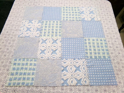 sea breeze vintage chenille fabric squares, set of 16 blue white quilt blocks 6" ea