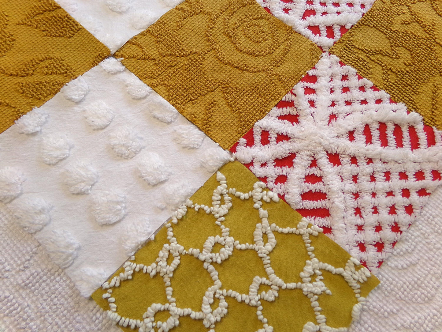 Vintage Chenille Fabric Squares - Set of 16 - Sporty Gold, White & Red - 6" Quilt Blocks