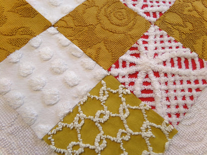 Vintage Chenille Fabric Squares - Set of 16 - Sporty Gold, White & Red - 6" Quilt Blocks