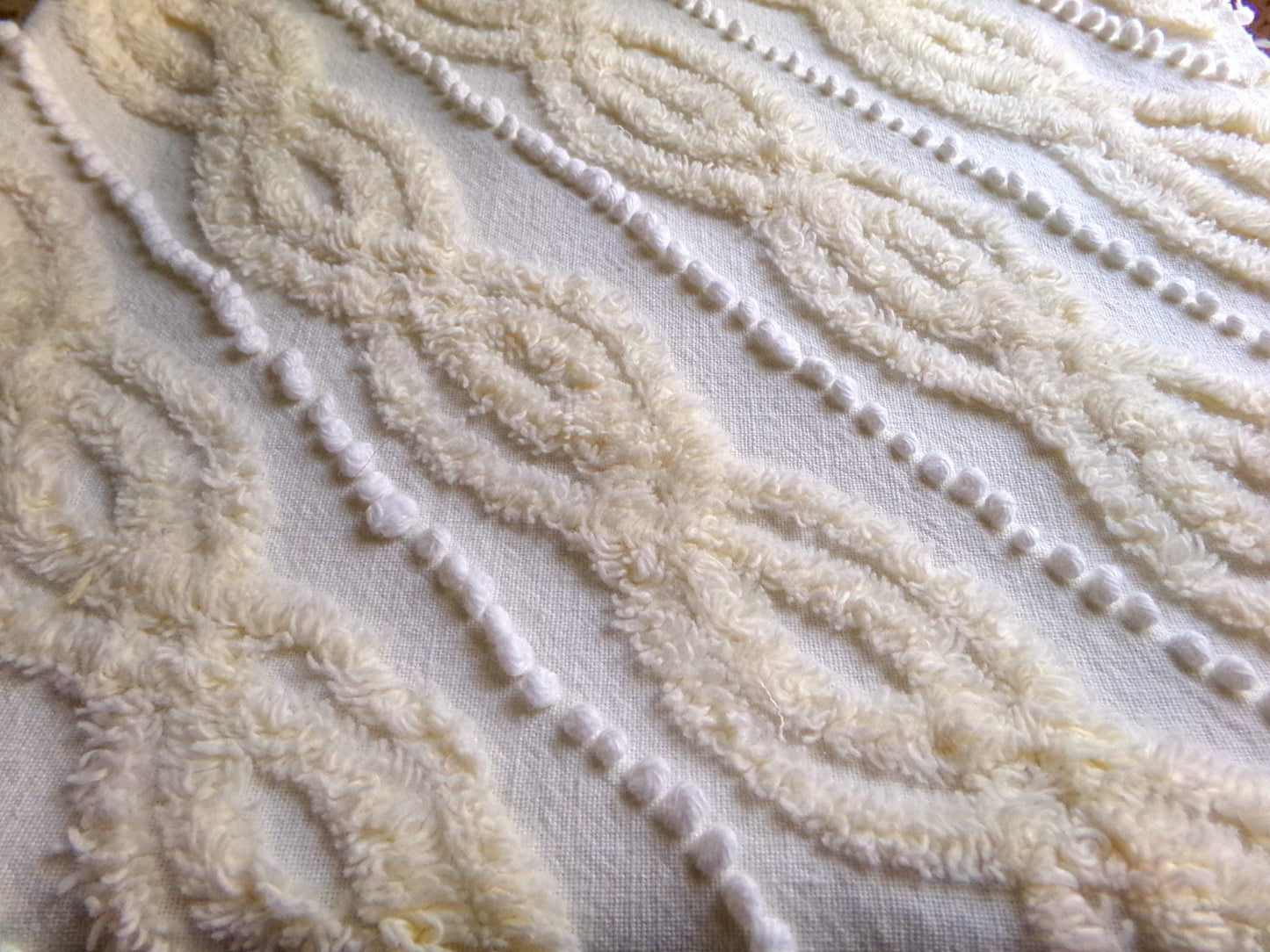 elegant infinity tuft vintage chenille fabric with little pearl pops in warm buttercream, 20" x 22" inch piece of sewing material
