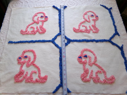 Cutest Pink Puppy Dogs Vintage Chenille Fabric, 4 Puppies on Cotton Feedsack, 22" x 28" Piece, Upcycle into Handmade Quilts, Pillows
