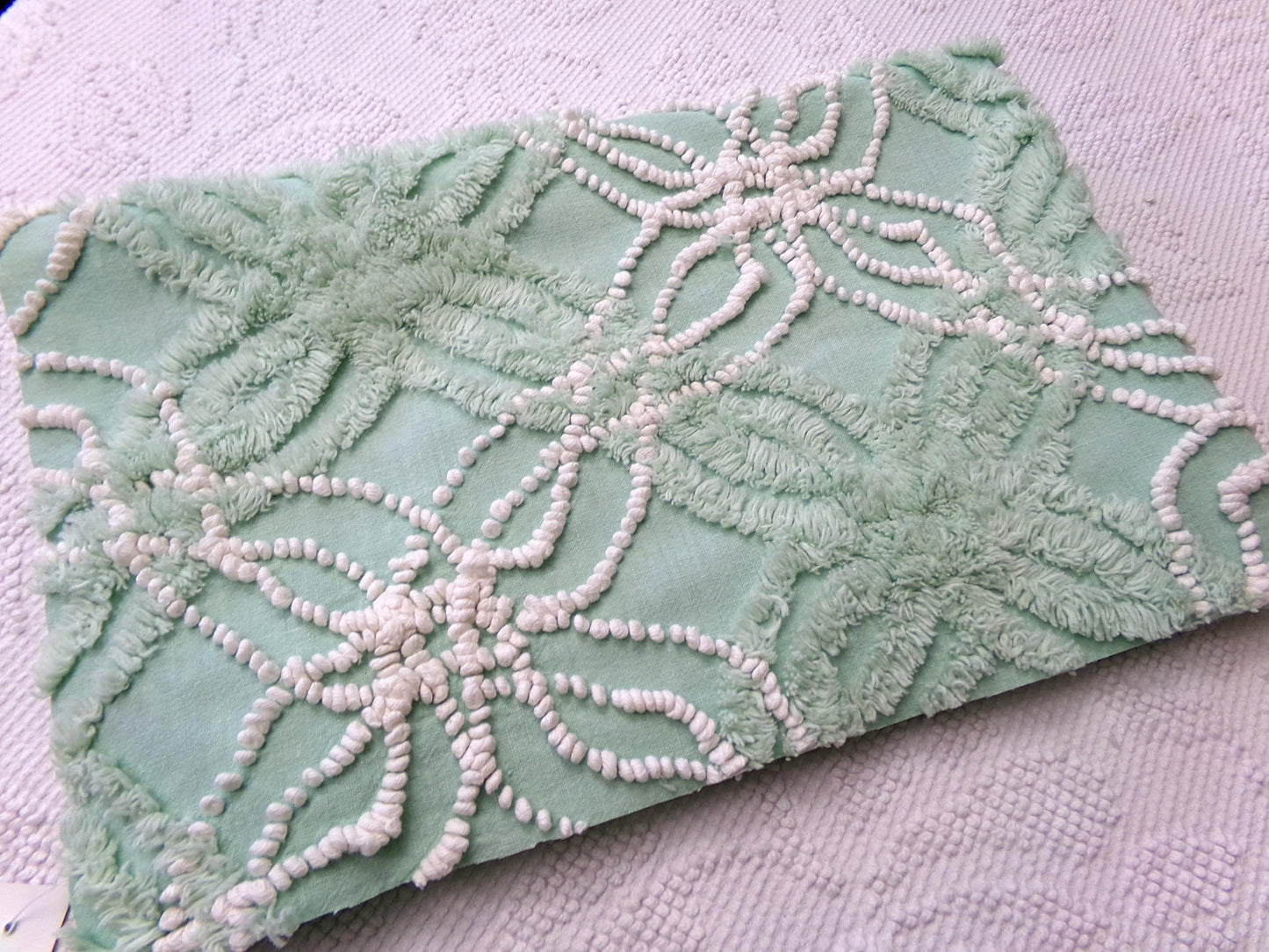 trendy jade green vintage chenille fabric: 18" x 24" piece w/ contrast spider rings for quilting, crafts