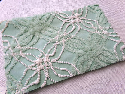 trendy jade green vintage chenille fabric: 18" x 24" piece w/ contrast spider rings for quilting, crafts