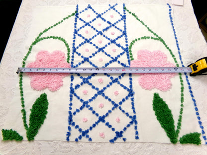Vintage Chenille Bedspread Fabric White Pink Floral Blue Lattice Trellis Cottage 24x23"