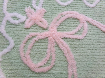 Peaceful Mint Green Vintage Chenille Fabric Pink Bow Star Lily, 19" x 18"