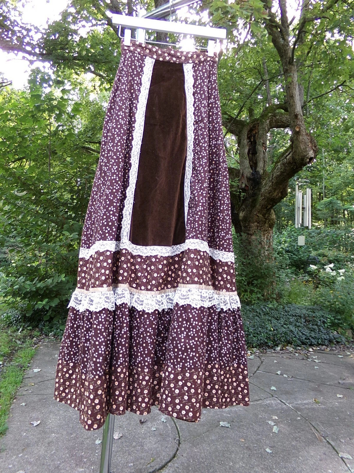 Vtg Gunne Sax Maxi Skirt Set Velvet Accent & Boho Crop Top Blouse w/ Embroidery