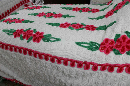 Vintage Chenille Bedspread, Raining Roses on Plush White, Full Size