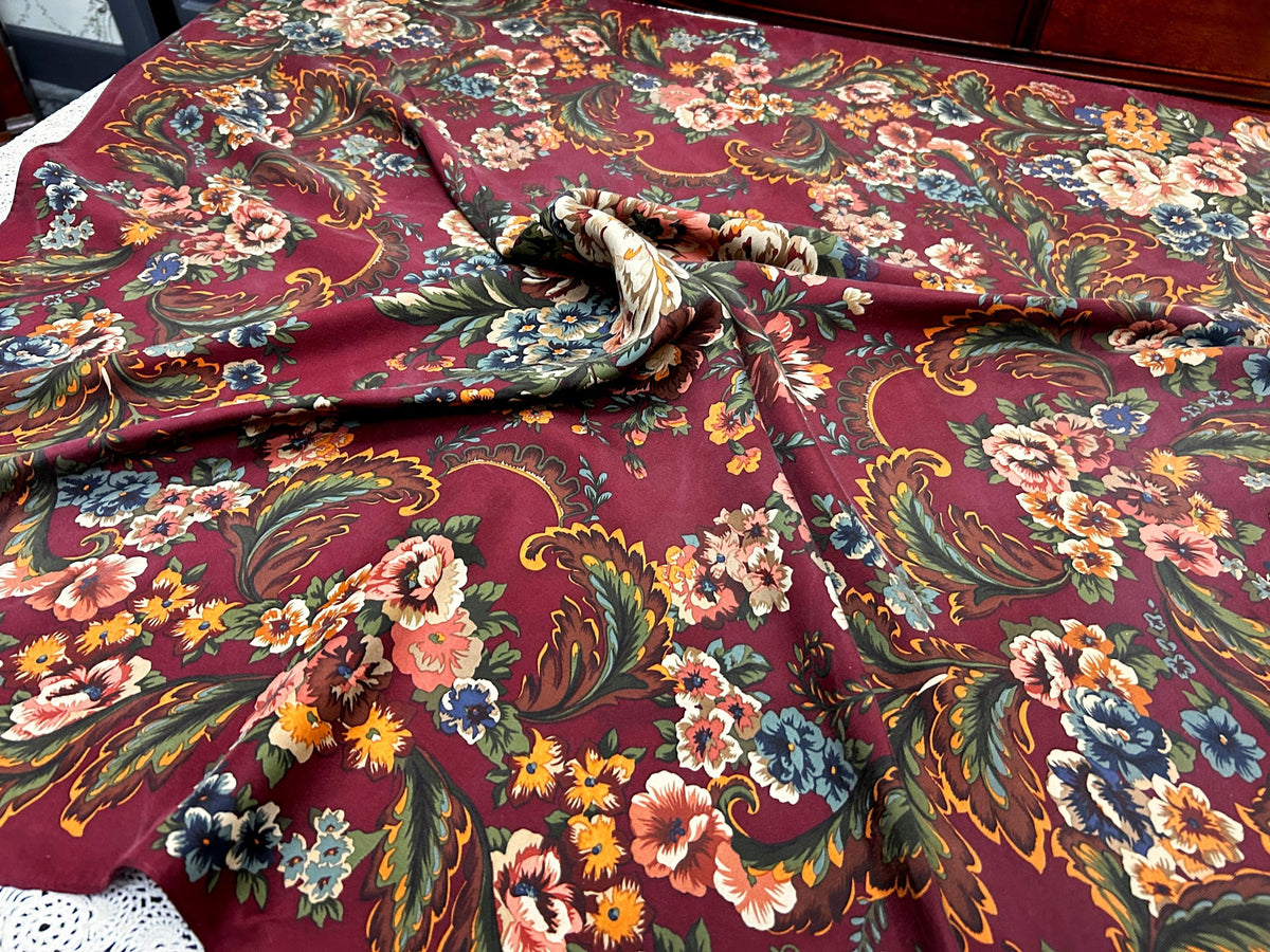 Vintage Ralph Lauren Silk Square Scarf Burgundy Floral Baroque Elegance Japan