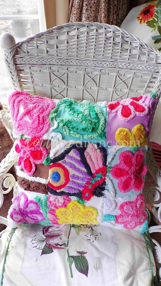 PATCHWORK Rainbow Butterfly Chenille Pillow Cover 16" x 16" Square, REVERSIBLE Accent Pillow Designed from Vintage Chenille Bedspread Fabric