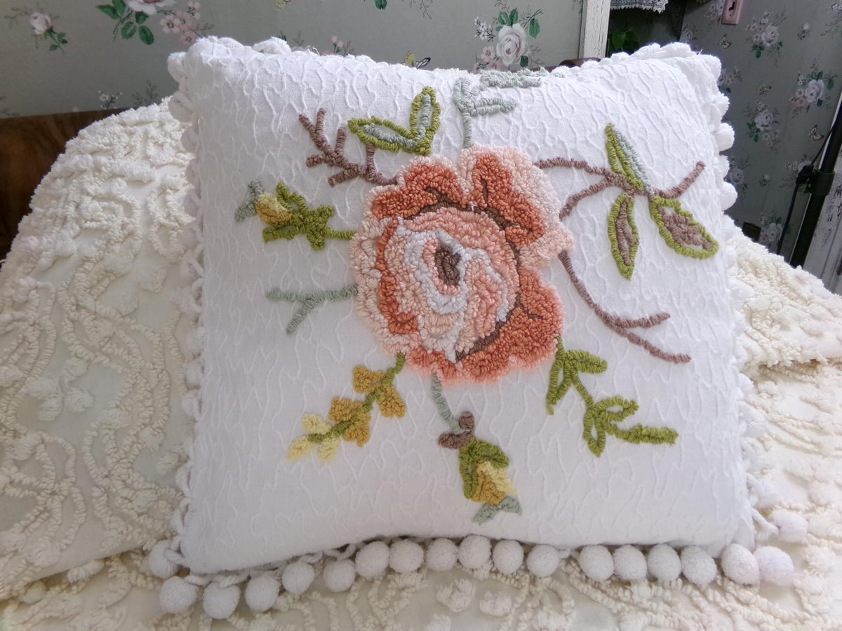 Vintage Rose Chenille Pillow Cover, Reversible Square Cottage Chic Floral Design