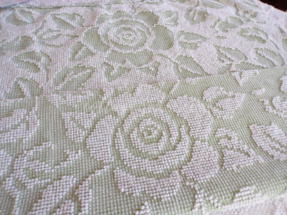 Vintage Sage Green Chenille Fabric, White Cabbage Rose 25x30" Pc