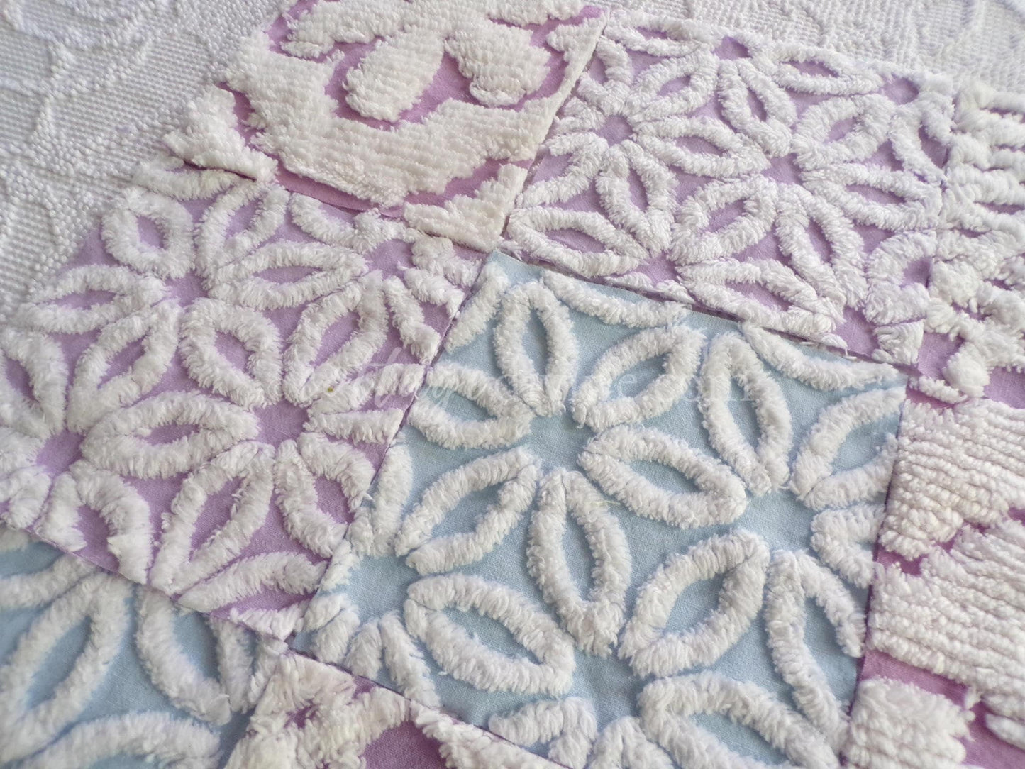 Dreamy Divine Vintage Chenille Fabric Squares Set in Lilac, Blue & White, 16 Rotary Cut Quilt Blocks, 6" x 6" inch