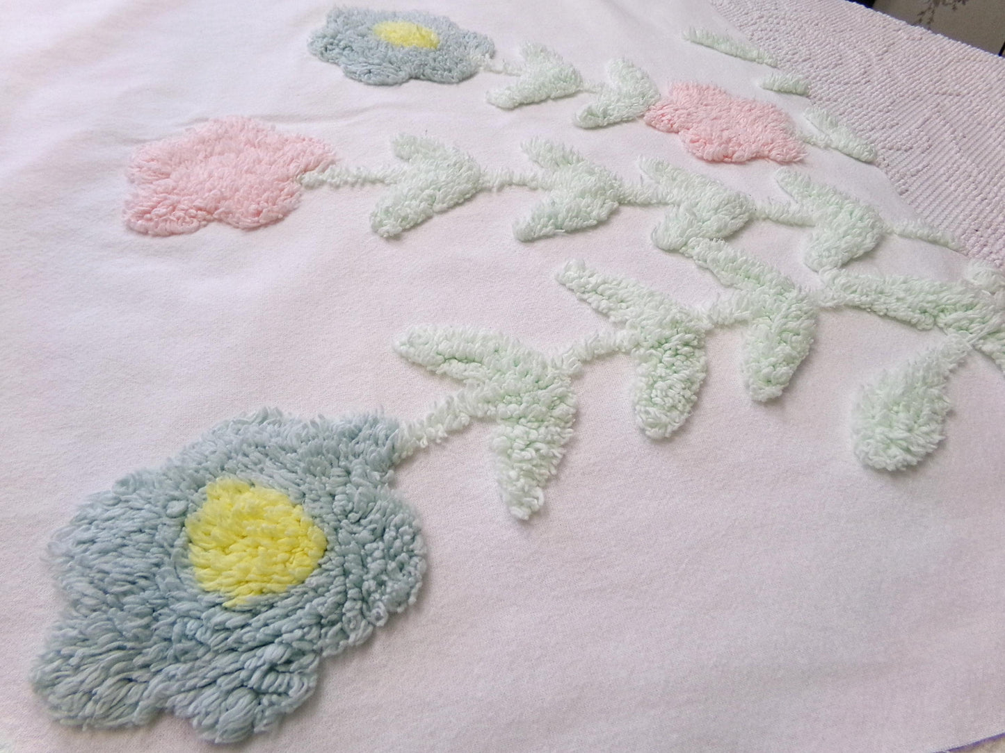 pastel floral tufted fabric, cut from a vintage style chenille bedspread, 20" x 23" piece