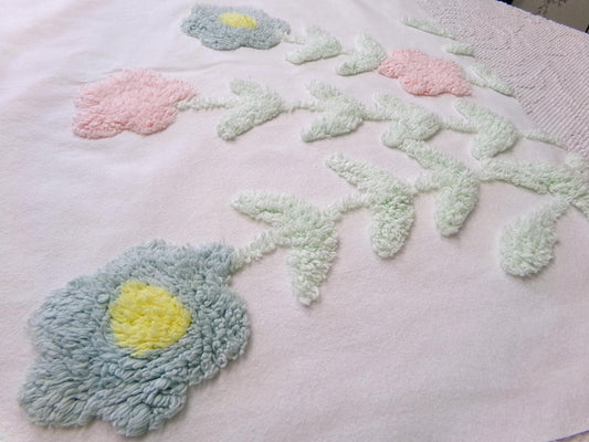 pastel floral tufted fabric, cut from a vintage style chenille bedspread, 20" x 23" piece
