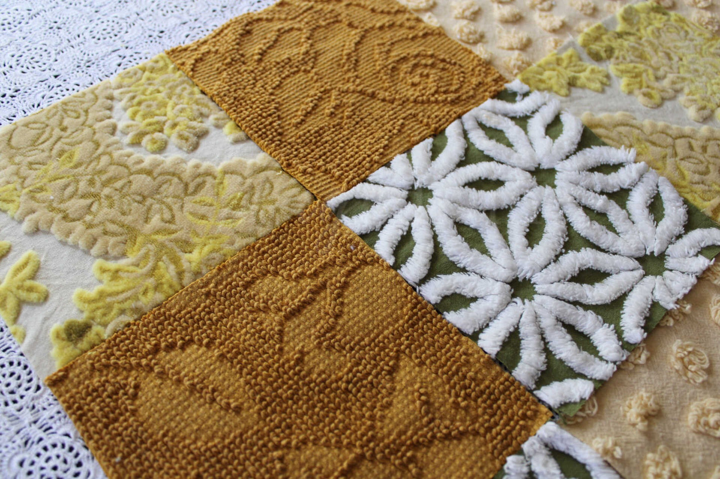 SuMmeR of LoVe Chenille & Velvet Quilt Squares Set, from Vintage Bedspread Fabric, 16 Blocks, 6" x 6" inches each, Earthtone Hippie Vibes