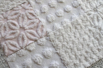 Baby's Breath Chenille Fabric Squares Set in White & Pink, Cut from Vintage Chenille Bedspread Material, 16 Blocks, 6" x 6" inch each
