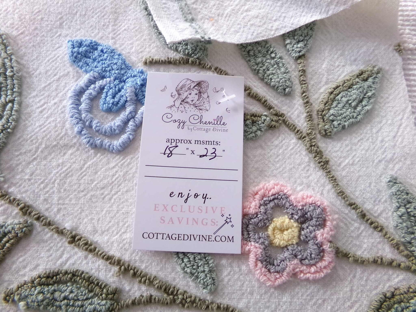 Woodland Meadow Vintage Chenille Bedspread Fabric, Floral Boho Sewing Material, 18" x 23" piece