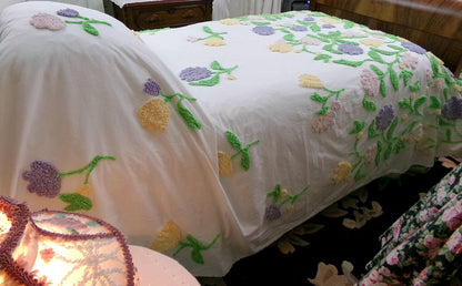 Y2K Vintage Style Chenille Bedspread, Summer Floral Burst TWIN Coverlet