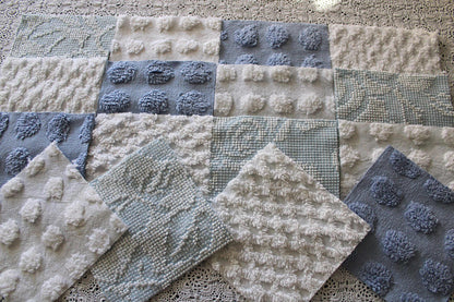 vintage chenille fabric squares, set of 16 coastal blue & white 6" quilt blocks for patchwork pillows, quilting, crafts