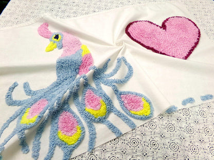 Lonely Heart Peacock Vintage Style Chenille Bedspread Fabric 18x28" Craft Panel