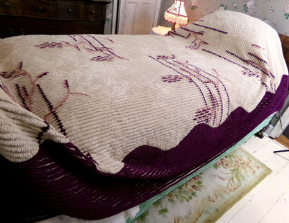 Art Deco Vintage Chenille Bedspread in Iconic Cattail Design, Shabby Antique Twin Size Bedding, #1