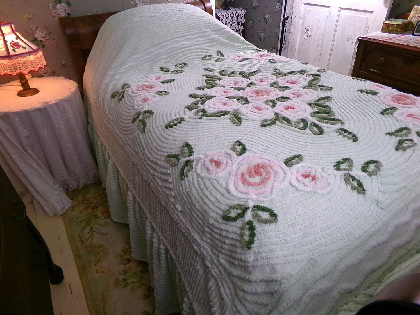 Luxury Vintage Chenille Bedspread, Tufted Cottage Roses on Mint Green, Full Size Boxed & Fitted Design with Integrated Skirt