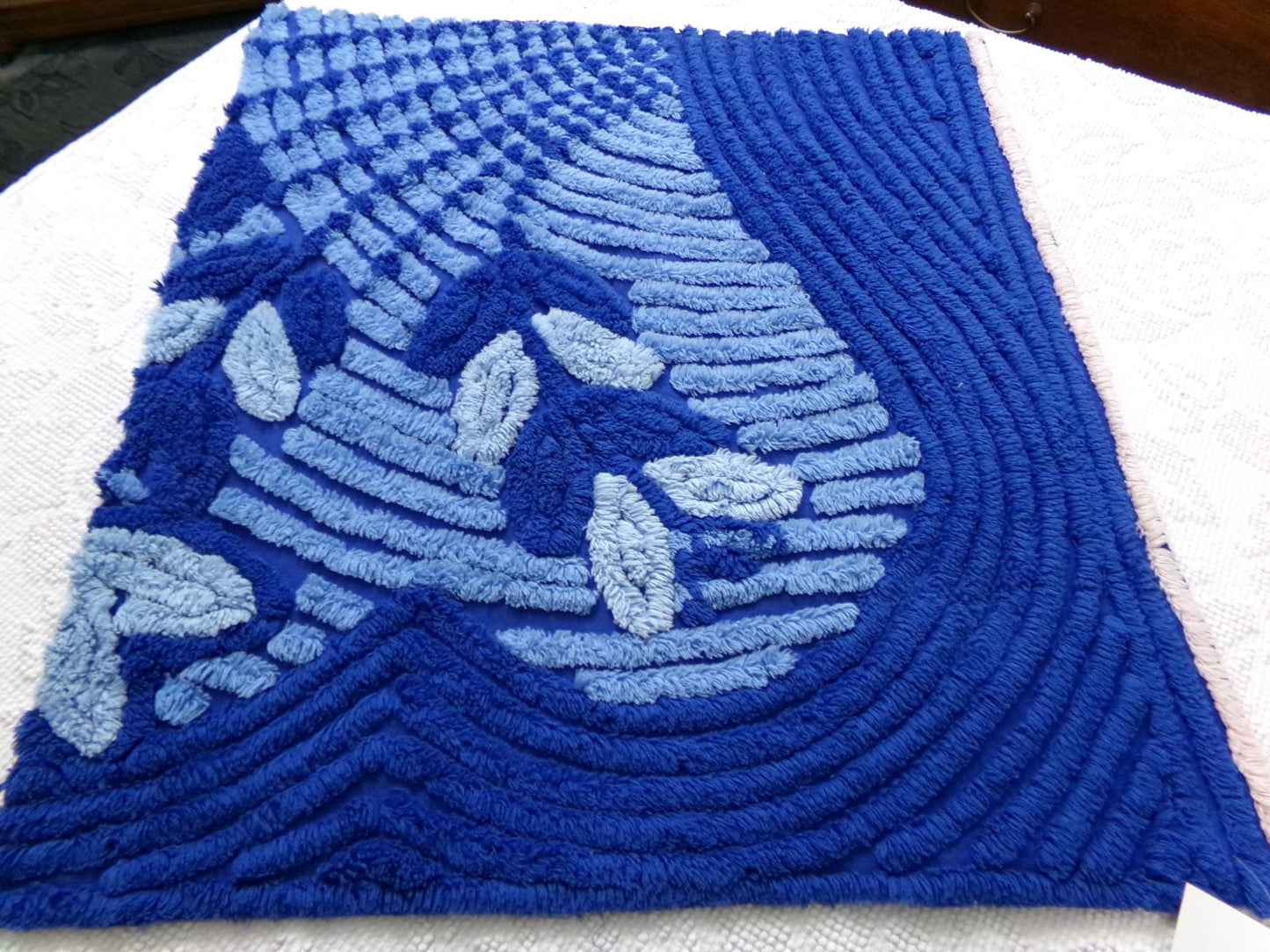 celestial blue vintage chenille bedspread fabric, plush abstract deco tufting, 22" x 20" piece