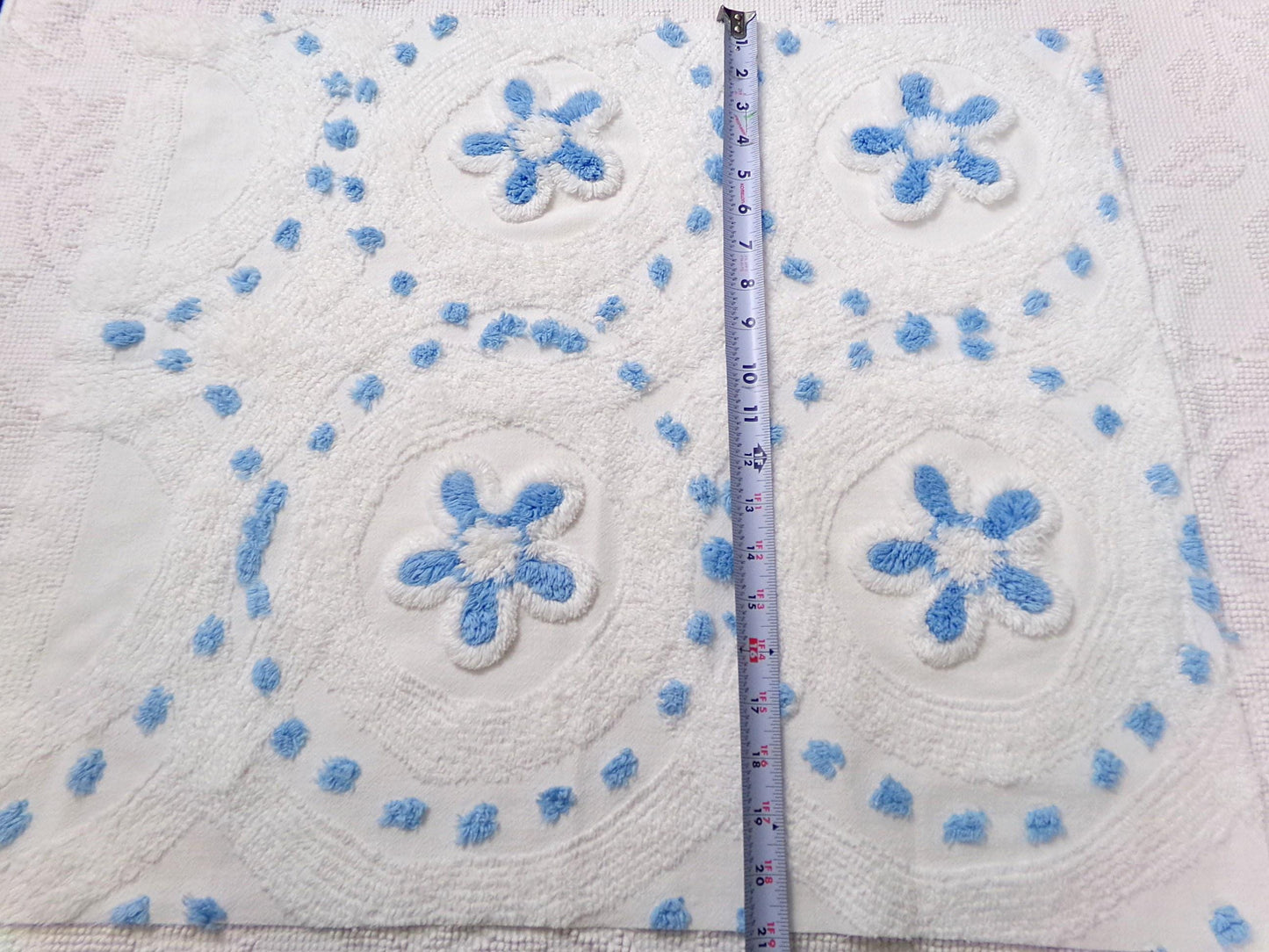 Boho Coastal Vintage Chenille Bedspread Fabric, Blue Circle Dot Flowers 24" x 20" Piece