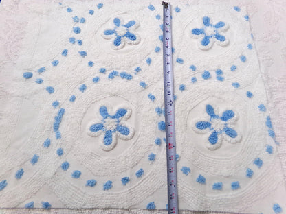 Boho Coastal Vintage Chenille Bedspread Fabric, Blue Circle Dot Flowers 24" x 20" Piece