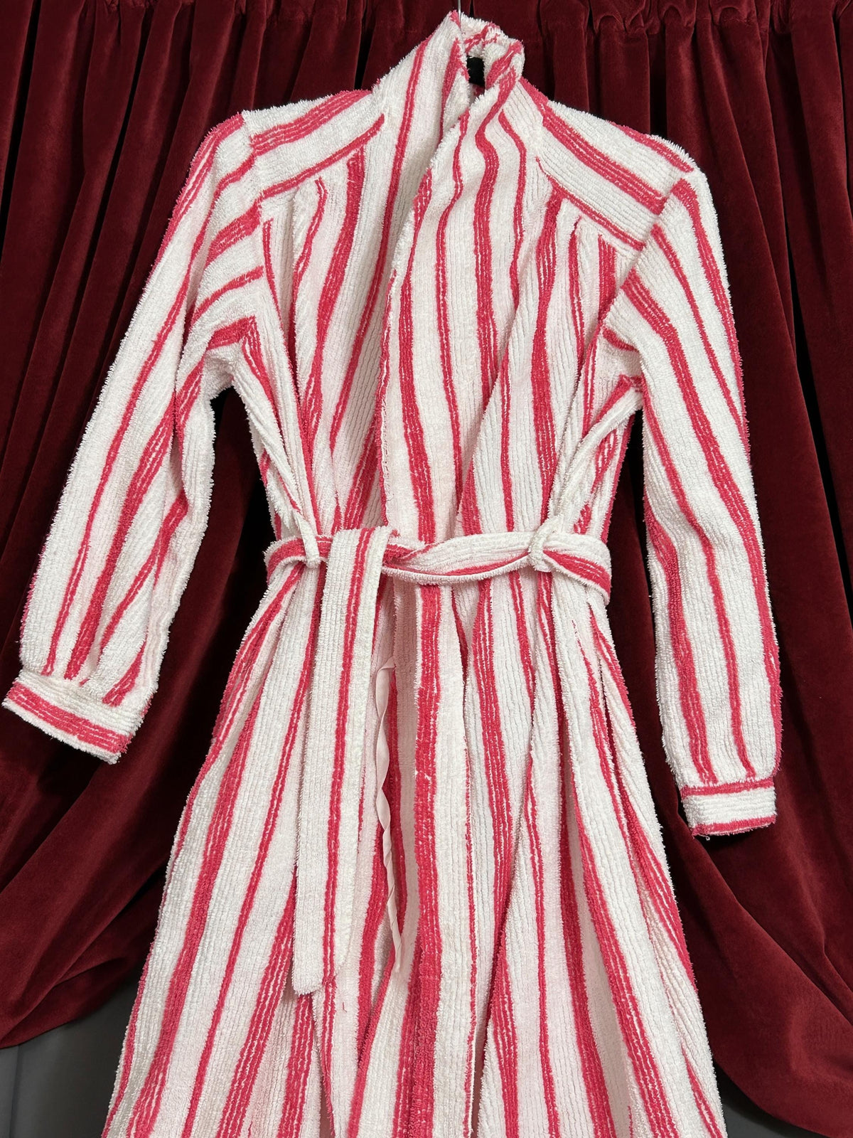 Vintage Chenille Robe Red & White Candy Stripe, Full Length Women’s Small Bathrobe