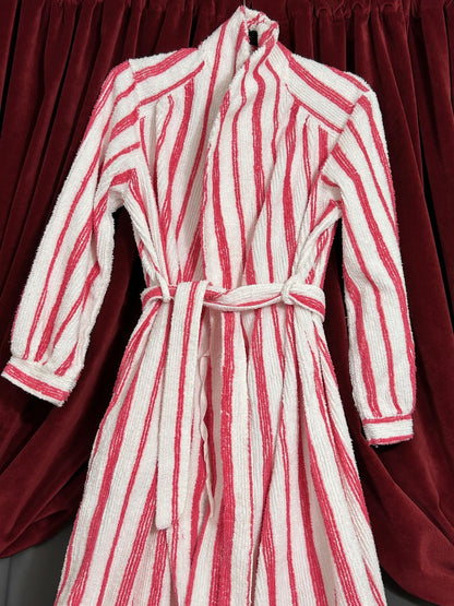 Vintage Chenille Robe Red & White Candy Stripe, Full Length Women’s Small Bathrobe
