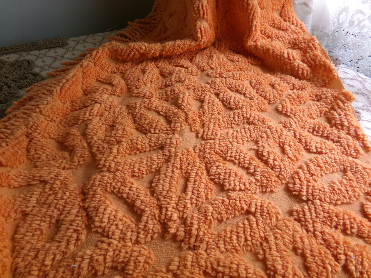 Orange Daisy Vintage Chenille Fabric 17x24" Pc, 1970s Flower Power Boho Style