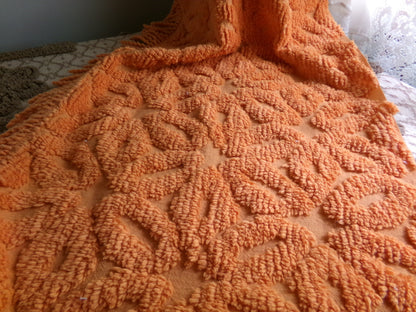 Orange Daisy Vintage Chenille Fabric 17x24" Pc, 1970s Flower Power Boho Style