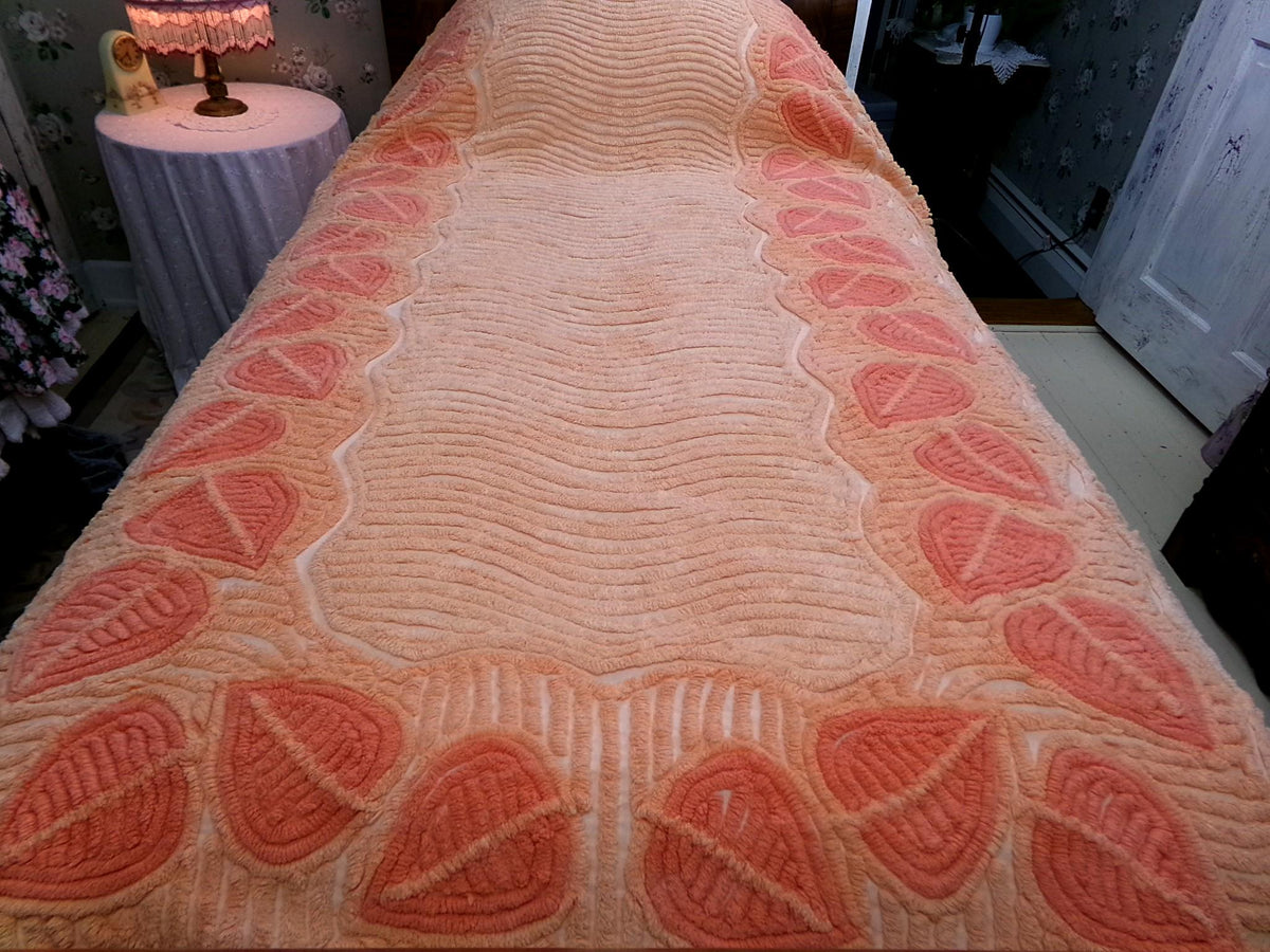 Boho Falling Leaves Vintage Chenille Bedspread, Apricot Peach Twin Size