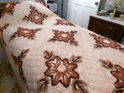 hazelnut coffee floral vintage chenille bedspread, full size luxury bedding with an integrated skirt, boxed & fitted design, boho retreat