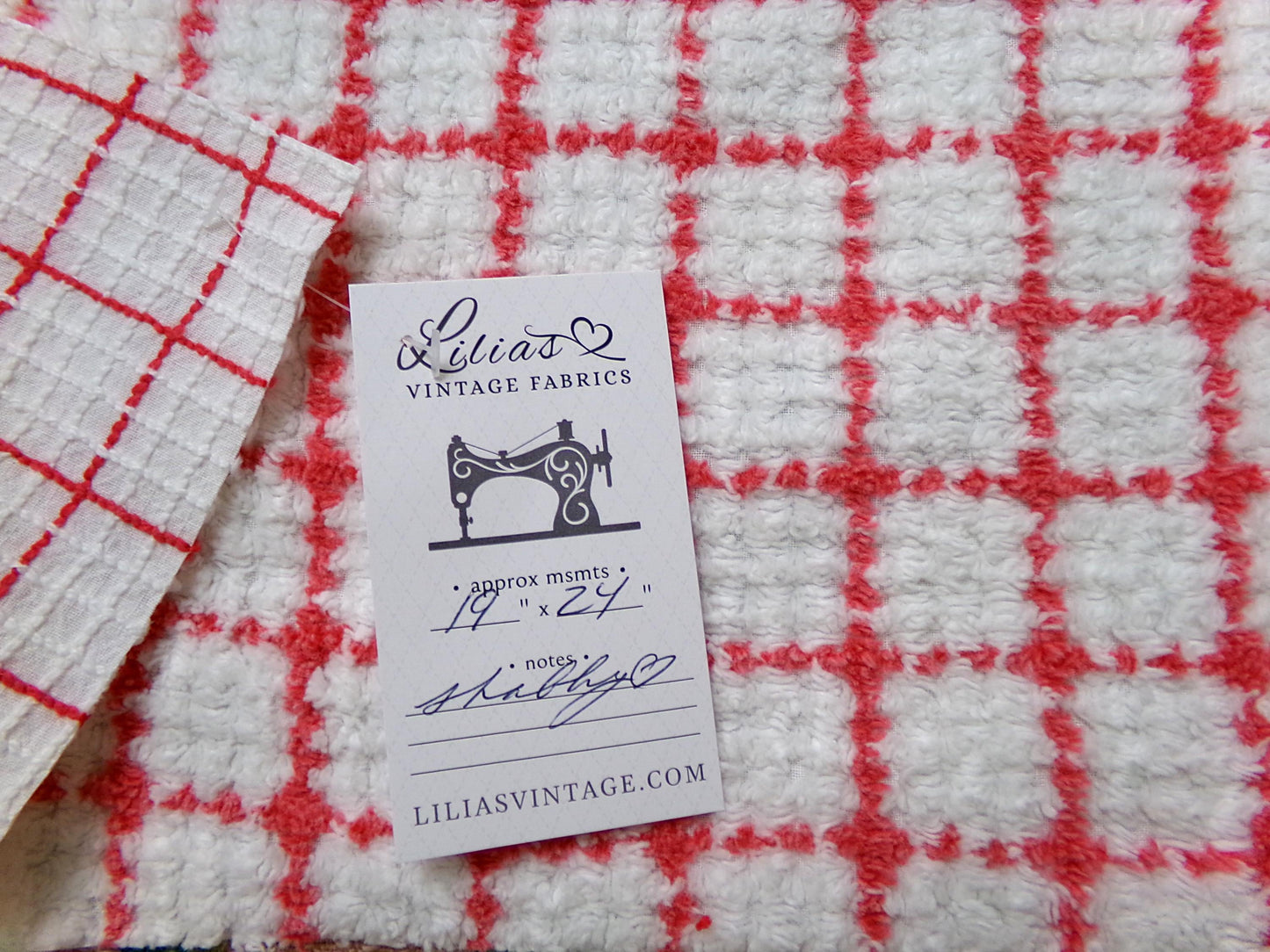 vintage chenille bedspread fabric, small red & white plaid pattern, 19" x 24" cut piece for xmas stockings, Christmas quilts