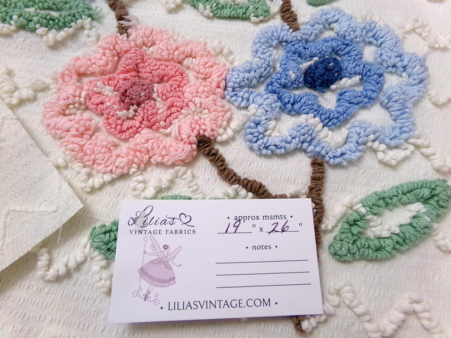 Vintage Chenille Fabric, Tufted Floral Bouquet on Cotton Seersucker, 19x26"