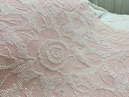 Pink Rose Vintage Chenille Fabric Piece Hobnail Cabbage Rose Reversible Shadow 18x24"