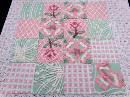 fresh cut roses vintage chenille fabric squares, set of 16 pink green quilt blocks 6" ea