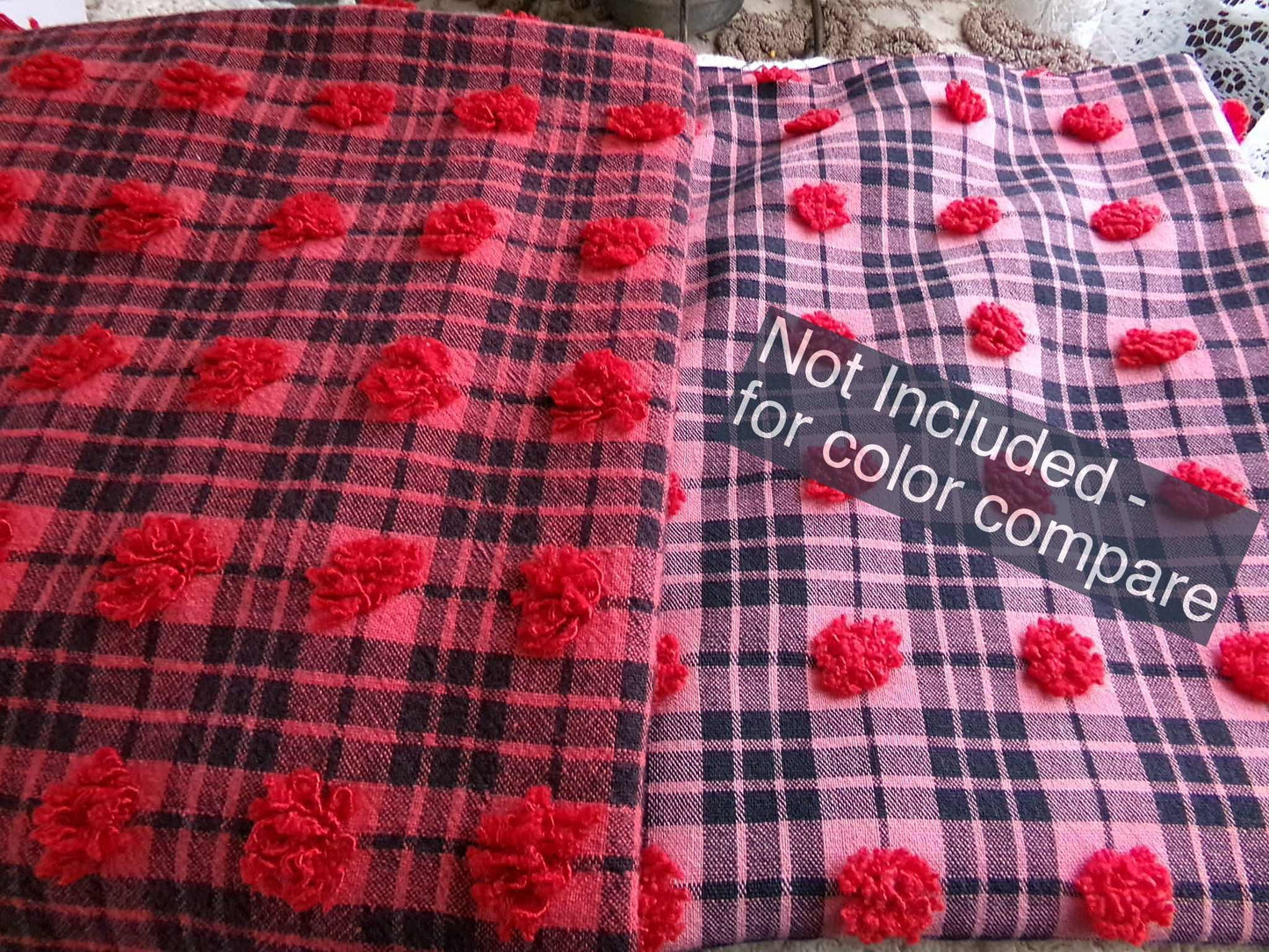 Midnight Black Tartan Plaid Vintage Chenille Bedspread Fabric, Tufted Deep Red Dots, 18" x 24" inch Piece, Lightweight Quilt Material