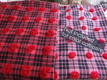 Midnight Black Tartan Plaid Vintage Chenille Bedspread Fabric, Tufted Deep Red Dots, 18" x 24" inch Piece, Lightweight Quilt Material