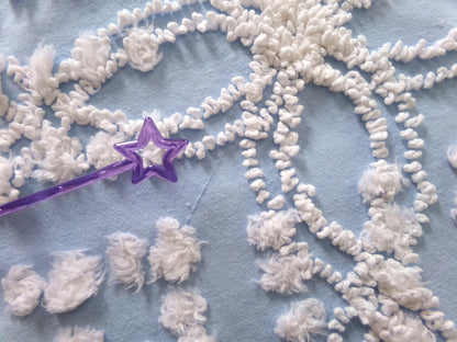 shabby beach chic vintage chenille fabric, 19" x 21" piece w/ snow white pops & links on sky blue cotton