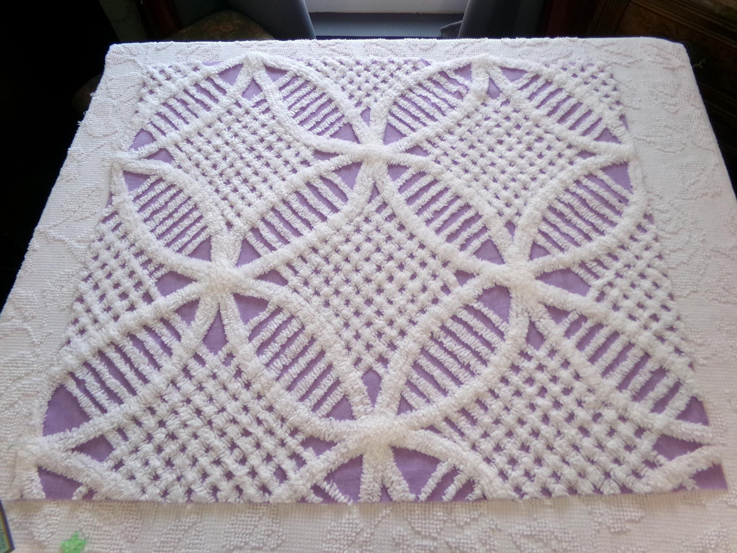 Spring Lavender Vintage Chenille Fabric, white geometric design, sewing craft quilt material, 22" x 25" piece