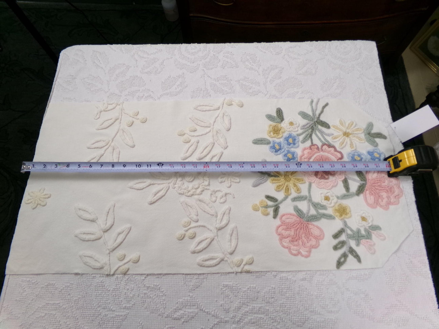 Rose Bouquet Vintage Chenille Bedspread Fabric, Cottage Style Sewing & Quilt Material, 15" x 28"