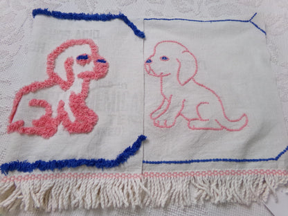 Pink Puppy Dog Vintage Chenille Fabric, Pair of Puppies on Cotton Feedsack, 12" x 26" Piece