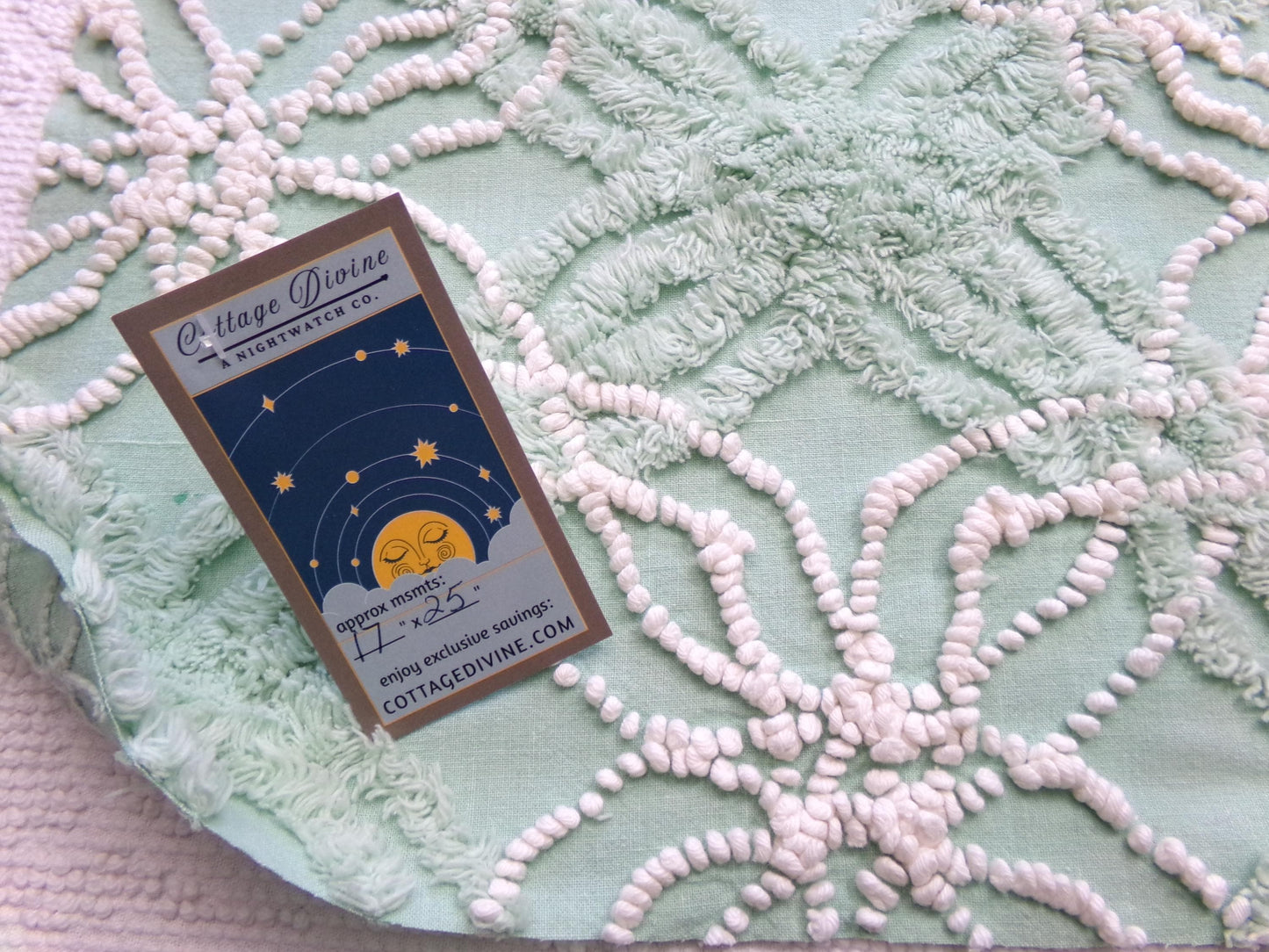 creamy jade green vintage chenille fabric: 17" x 25" piece w/ contrast spider rings for sewing, crafts