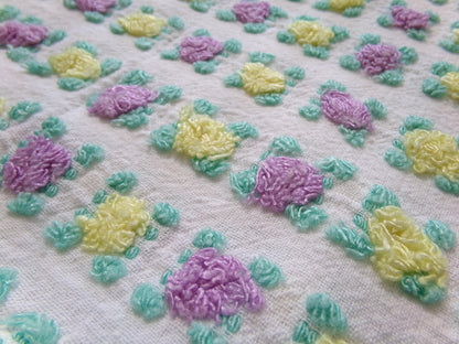Rare Rosebud Vintage Chenille Fabric, Yellow Lilac Tufted Roses, 17x24"