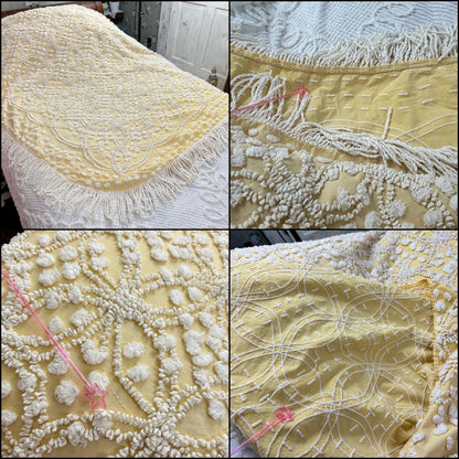 Vintage Chenille Bedspread, Sunny Yellow Dense Tufted Starbursts, Full Sz