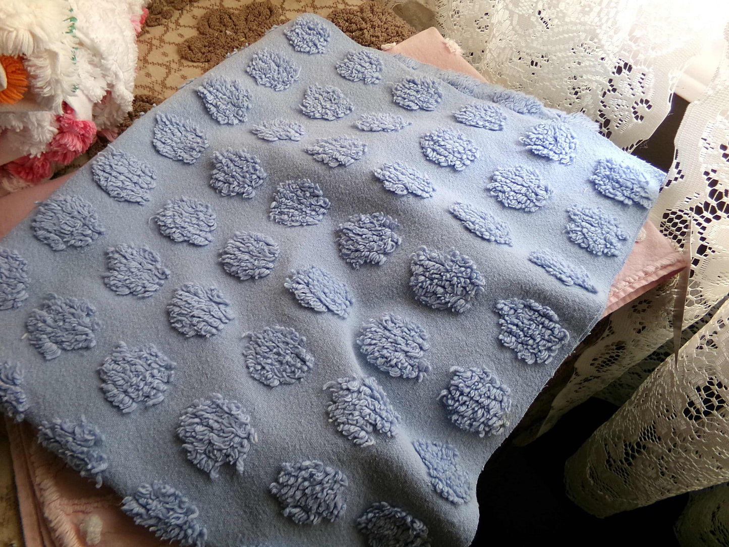 big blue coin pops chenille fabric, vintage style dots on serene blue cotton, 18" x 24" piece of sewing material for crafts & quilting